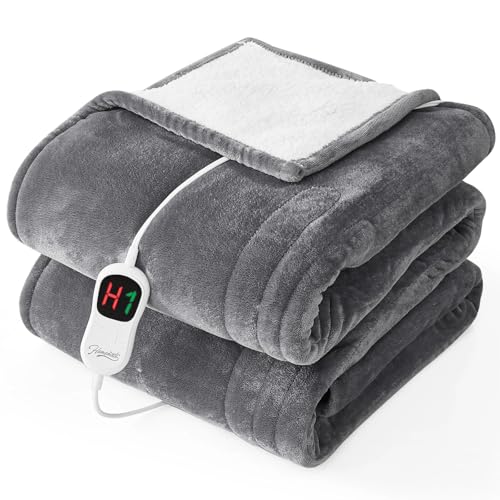 Homemate Electric Heated Blanket Twin - 62'x84' Heating Bed Blankets Throw with 10 Heating Levels 8 Hours Auto Off Fast Heating Over-Heated Protection Ultra Soft Warm Flannel ETL Certified Grey