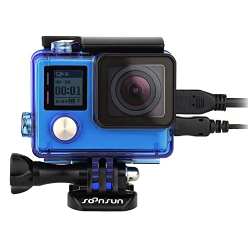 SOONSUN Skeleton Housing Case for GoPro Hero 3/3+/4 – Side Open Design with LCD Touch Backdoor, Allows Charging and Mic Adapter Use Without Removing The Case – Transparent Blue