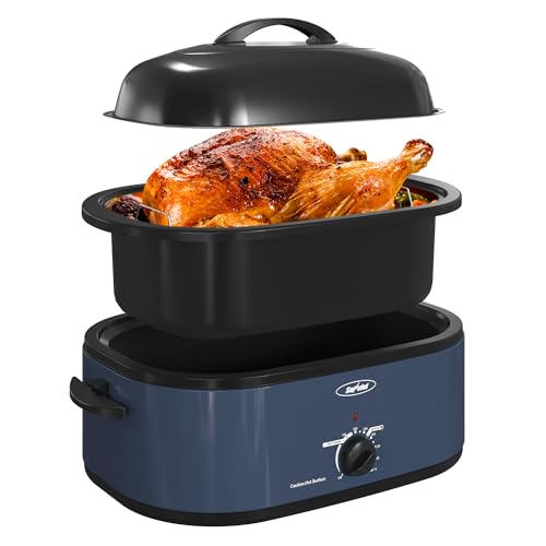 Sunvivi Electric Roaster Oven with Self-Basting Lid, 24lb 20-Quart Turkey Roaster, Unique Defrost/Warm Function, Large Roaster with Removable Pan & Rack, Stainless Steel, Blue