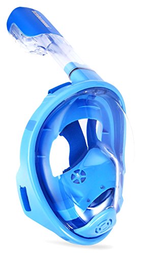 Octobermoon Original 180°Full view Panoramic Snorkel Mask-Full Face snorkeling Design.with anti-fog anti-leak Technology,See More water world Larger Viewing Area (XS Blue)