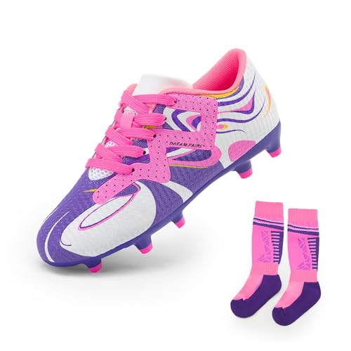 DREAM PAIRS Boys Girls Soccer Cleats Youth Firm Groud Sport Football Cleats with Soccer Socks for Little/Big Kid/Toddler,Size 11 Little Kid,White/Purple,KKUMSO2503