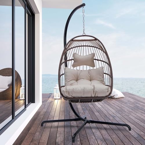 NICESOUL Swing Egg Chair Indoor Outdoor, Patio Wicker Hanging Chair with Stand, All Weather Egg Hammock Chairs with Cushions, 350lbs Durable Birthday Gift Swinging Chair for Backyard Balcony, Brown