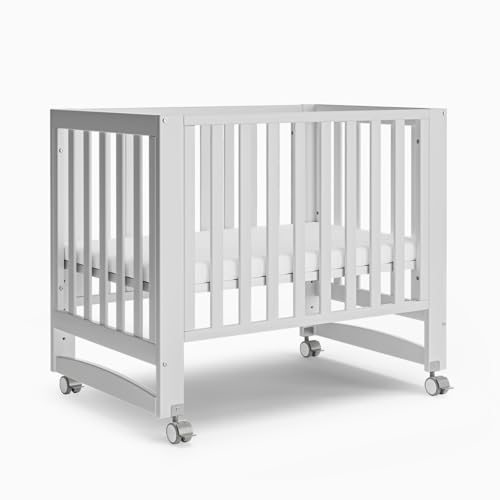 EvoNest Baby Crib, 6 in 1 Convertible Mini Crib with Wheels, 100% New Zealand Pinewood Growing Bed, 4 Adjustable Mattress Height，GREENGUARD Gold Certified (Milk)
