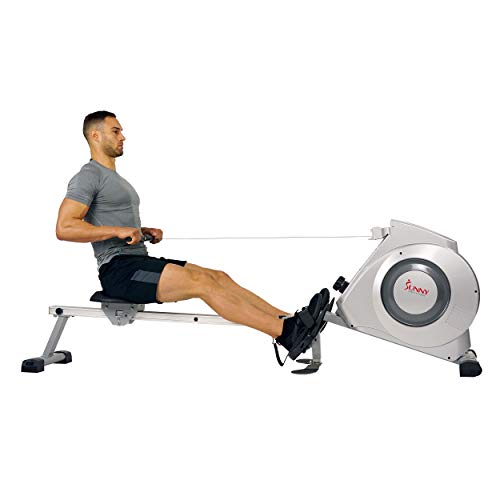 Sunny Health & Fitness Magnetic Rowing Machine w/Digital Monitor, 300 LB Weight Capacity, Dual Function Multi-Exercise Foot Plates and Portability Wheels - SF-RW5612