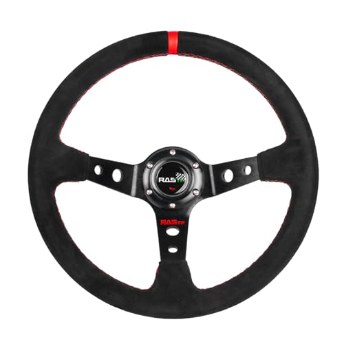 RASTP Universal Racing Steering Wheel Suede Deep Dish 13.58”/345mm 6 Bolts with Horn Button Include Cable, Wrench,Red