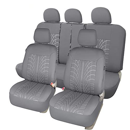 Embossed Cloth Grey 17pcs Car Seat Covers Full Set - Universal Fits Trucks SUV with Airbag Steering Wheel Cover/Shoulder Pads