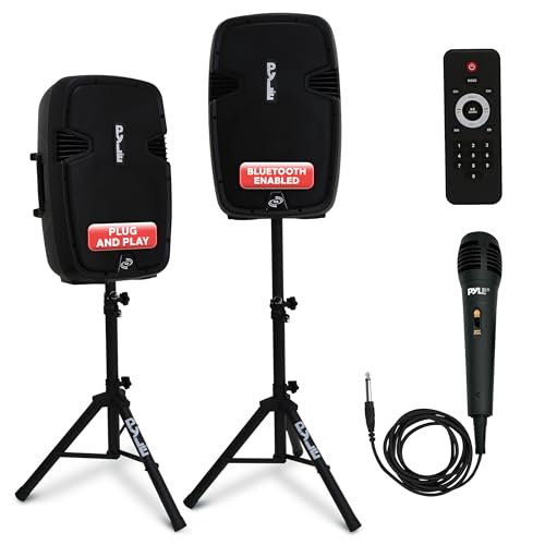 Pyle Wireless Portable PA System Kit - 1800W Peak, Bluetooth Compatible, Active + Passive Pair For Indoor / Outdoor Sound, Multiple Inputs-USB SD AUX XLR RCA, Comes With 2 Stands, Wired Mic, Remote