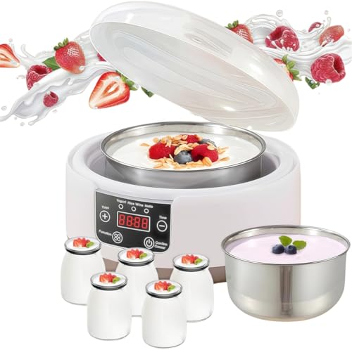 Yogurt Maker with Adjustable Temp(90°F-113°F) & Time(1-36h) - suitable for homemade yogurt, Greek Yogurt(5 glass Jars 1.2L Stainless Steel Inner Pot) (White) (White)