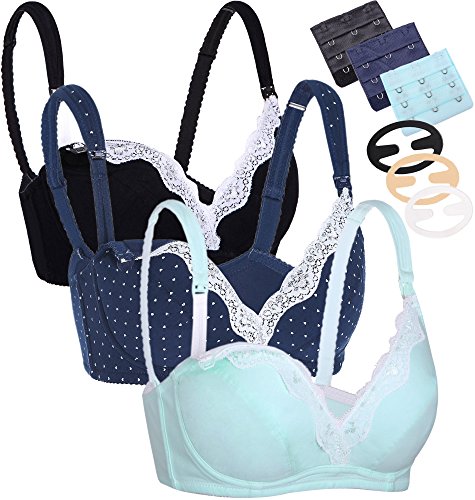 CAKYE 3 Pack Women's Underwire Maternity Nursing Bra Cotton Breastfeeding Bras (38C, Black/Navy/Mint Green)
