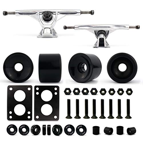 VJ Skateboard Longboard Truck and Wheel, 70mm Long Board Wheels w 7inch 180mm Skateboard Trucks (Silver) Longboard Bearings Longboard Hardware (Black)