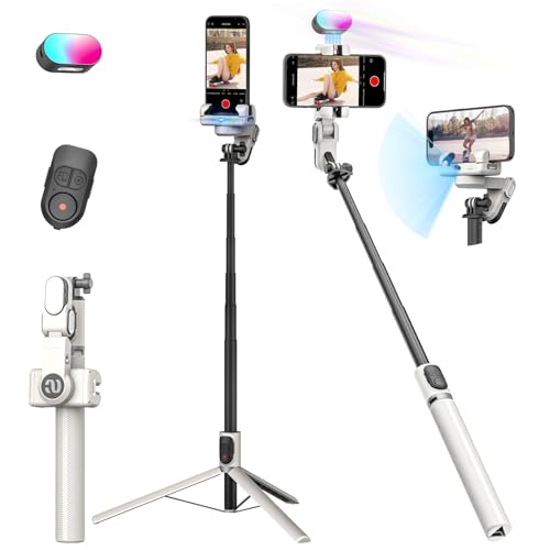 AOCHUAN Smartphone Gimbal Stabilizer, Smart Face Tracking Tripod Without APP - 4 in 1 Cellphone Gimbal Stabilizer for iPhone&Android Extended 108cm Rod with RGB Fill Light,M2PRO White