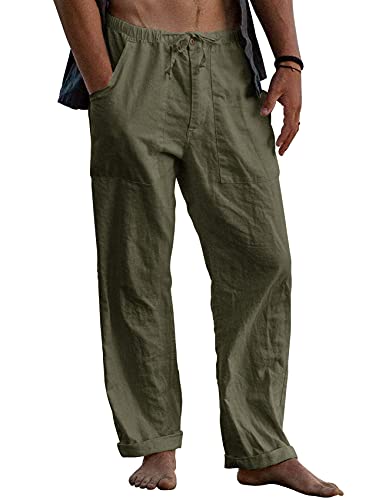 Gafeng Mens Linen Pants Yoga Beach Loose Fit Casual Summer Elastic Waist Drawstring Baggy Trousers with Pockets Army Green