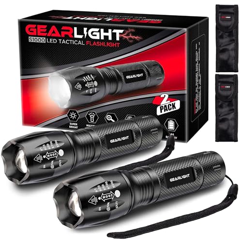 GearLight LED Flashlights - Mini Camping Flashlights with High Lumens, 5 Modes, Zoomable Beam - Bright and Versatile Flash Light for Outdoor and Home Use - S1000-2 Pack, (Batteries Not Included)