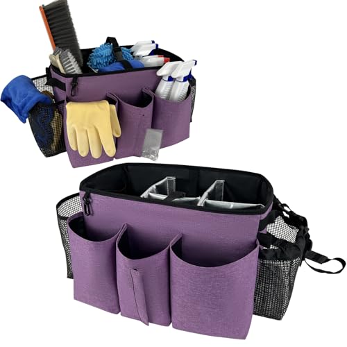 Large Cleaning Caddy Bag, Wearable Cleaning Supplies Organizer with Shoulder and Waist Straps, Multiple Compartments Tool Organizer with Detachable Divider for Cleaners (Purple)