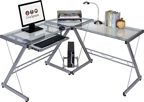 OneSpace Ultramodern Glass L-Shape Desk, Silver and Clear