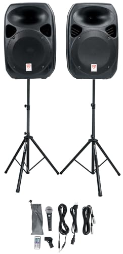 Rockville RPG122K Pair 12' 1000W Powered Speakers, Bluetooth, Wired Mic, Speaker Stands, Cables, Built-in Mixer, TWS Linking, for DJs, Karaoke, Events