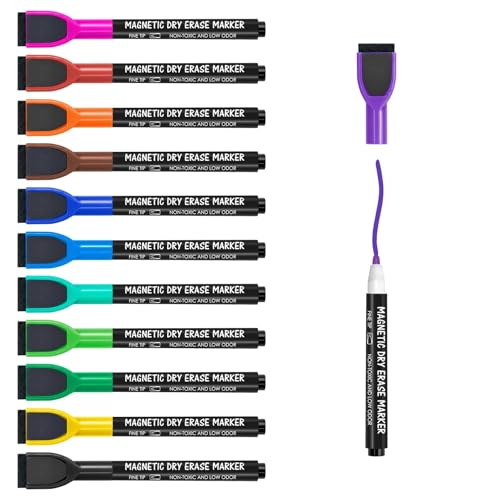 maxtek Magnetic Whiteboard Markers - 12 Count Colorful Fine Tip Dry Erase Markers with Eraser for Kids, Low Odor Thin Markers for Calendar Boards