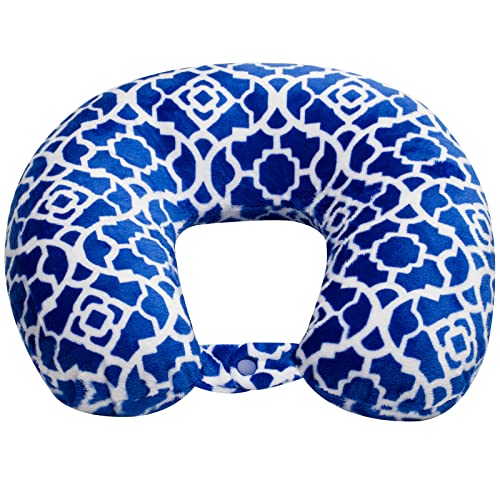 Wolf Essentials Adult Cozy Soft Microfiber Neck Pillow for Travel – Compact, Machine Washable - Perfect for Airplane, Car, or Home Use - Filled and Finished in the USA – Blue Trellis