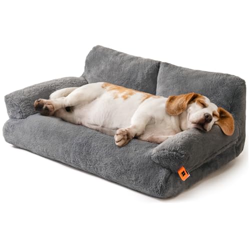 MEWOOFUN Dog Beds for Small Medium Dogs with Removable Washable Cover, Fluffy Dog Sofa with Non-Slip Bottom (Dark Grey, 33.5' L X 25.6' W X 11.5' Th)