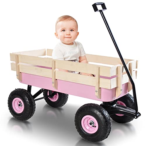 VISRACK Outdoor Sport Wagon All Terrain Pulling w/Removable Wooden Side Panels Air Tires Big Foot Panel Foldable Handle Cart Sturdy All Steel Wagon Bed Kids' Pull-Along Wagons (Pink)