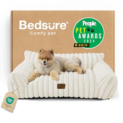 Bedsure Cute Cat Couch for Pets - Fluffy Dog Bed Small Medium Size Dog with Premium Soft Corduroy Fleece, Pet Sofa with Removable Washable Cover, Supportive Couch Bed for Small Dogs, 30inch, Cream