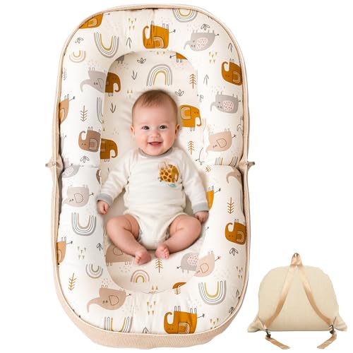 GloTika Baby Lounger, Foldable Infant Nest Pillow with Soft Memory Foam Mat, Cover with Adorable Pattern, Converts to Backpack for Easy Travel, 0-12 Months, White