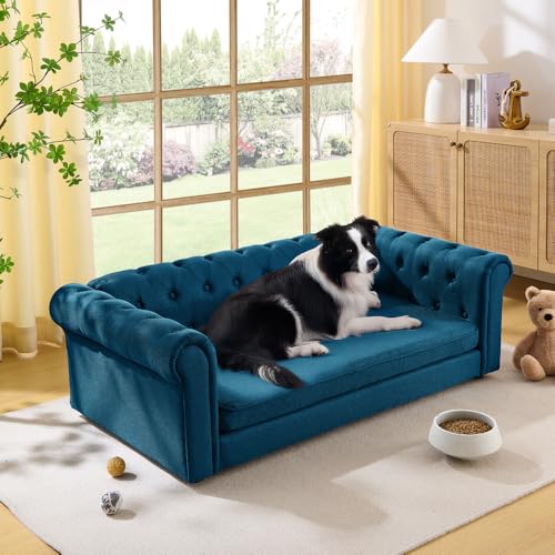 Ball & Cast 55' Oversized Pet Bed Dog Sofa,Elegant Rectangular Pet Bed for Big Dogs,Durable Elevated Dog Sofa Bed with Backrest and Armrests,Pet Couches W/Soft Cushion,Linen Fabric,Dark Blue
