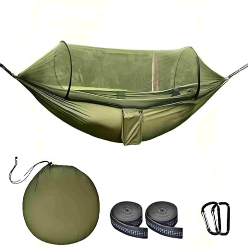 FIRINER Camping Hammock with Mosquito Net, Lightweight Portable Double & Single Hammock Tent with 2 Tree Straps, Parachute Nylon Hammock for Outdoor Backpacking Beach Backyard Patio Hiking, Arm Green