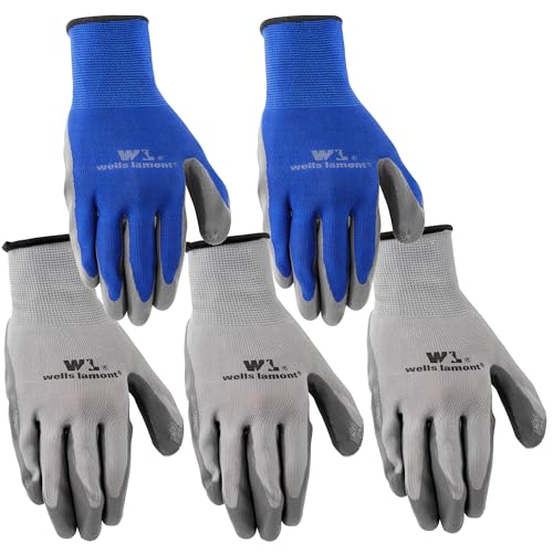 Wells Lamont 5-Pair Pack Nitrile Work Gloves | Lightweight, Abrasion Resistant, Blue/Grey | Large (580LA)