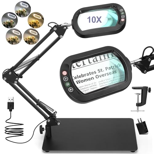 Drdefi 10X Square Magnifying Glass with Light and Stand, Real Glass LED Lighted Magnifier, 5 Color Modes Stepless Dimmable, Hands-Free Mag Desk Lamp with Clamp for Reading Craft Hobby Close Work