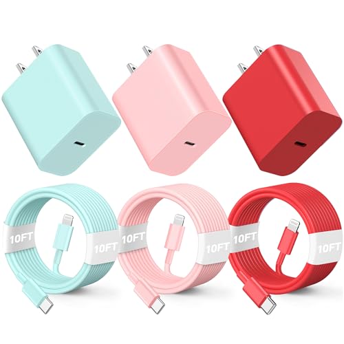 BUSFUL 3Pack 10FT Long ightning Cable,20W Fast Charging Phonne ightning Cable Phone Charger Cord for Phone 14/13/12/12 Pro Max/11/Xs Max/XR/X,AirPods Pro,Pink/Green/Red