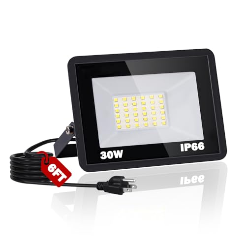 NEWREACH 30W LED Flood Light Outdoor, IP66 Waterproof 5000K Daylight White 3600LM Super Brighter Work Light with 6ft Cord and Plug, Exterior Floodlight Security Lights for Yard Garage Stadium Garden