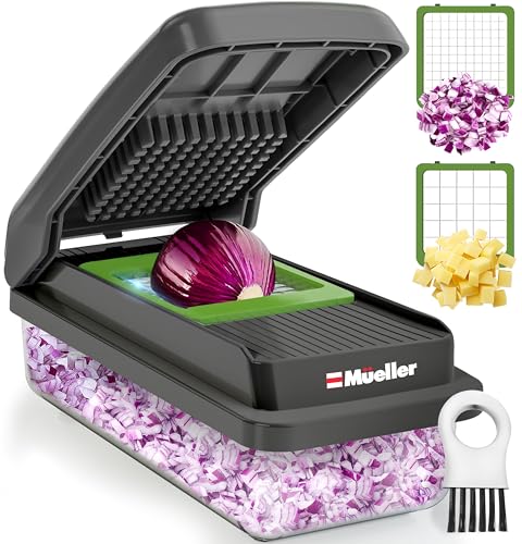 Mueller Vegetable Chopper 2 Blade, Food Chopper with Container, Veggie Chopper, Cheese Grater, Onion Chopper Vegetable Cutter, Dicer, Kitchen Essentials, Grey/Green
