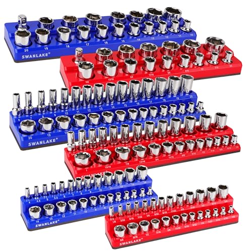 Magnetic Socket Organizer Set, 6PCS Socket Holder, 1/4', 3/8', 1/2' Sockets Holds 143 Pieces Magnetic Sockets Trays (Blue&red, 6 Pcs)