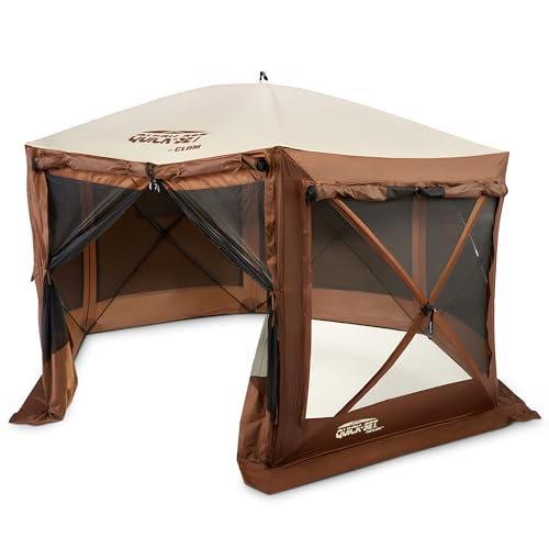 CLAM Pop Up Screen Tent, Outdoor Camping Gazebo Canopy, Pavilion, 12.5', Brown - Heavy-Duty Portable Screened Shelter with Netting for Beach, Patio, and Backyard