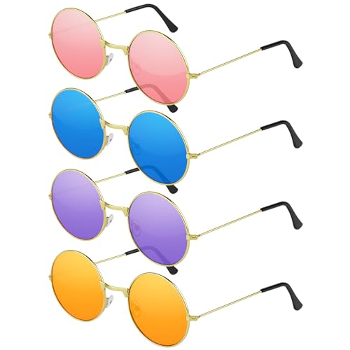 NEBURORA 4 Pairs Round Hippie Sunglasses Metal Frame Colored Circle Glasses for Women Men 70s Retro Disco Party Accessory