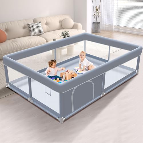 XVISHX 65 x 50 Inch Baby Playpen, Playpen for Babies and Toddlers, Baby Play Pen Playard for Indoor & Outdoor Active Center Game Fence, with Skin-Friendly Fabric and Soft Breathable Mesh, Grey
