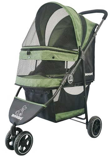 ROODO 3 Wheel Pet Stroller Best Lightweight Foldable Compact Portable Jogger All Terrain Travel Pet Gear Puppy Kitty Stroller for up to 30lbs Medium Small Dogs and Cats(Green)