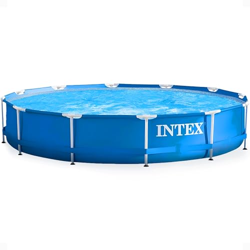 Intex Metal Frame 12 ft x 30 in Round Above Ground Outdoor Backyard Swimming Family Pool for Kids and Adults Ages 6 and Up, Blue