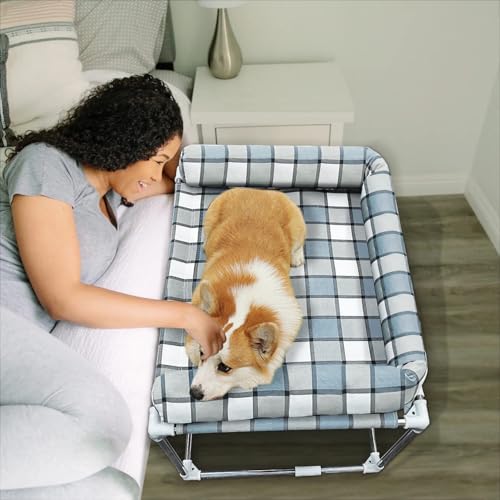 Bedside Cosleeper Pet Dog Bed - Dog Beds with Pillow Extension Attached to Human Bed Height Raised Pet Window Perch (34'' x 26'' x 20'')