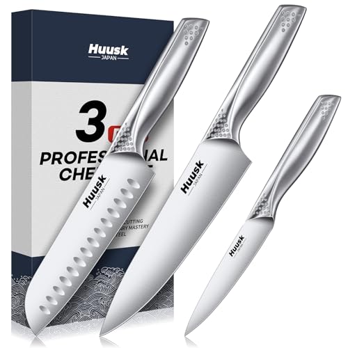 Huusk 3 Pieces Knife Set - Japanese Stainless Steel Kitchen Knife Sets, Professional Ultra Sharp Chef Knives Set with Ergonomic Handle, Gift for Birthday