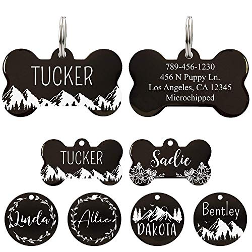Ultra Joys Stainless Steel Pet ID Tag Dog Name Tags Personalized Front and Back Engraving, Customized Dog Tags and Cat Tag, Optional Engraved on Both Sides, Bone Tag with Mountain Design, Large