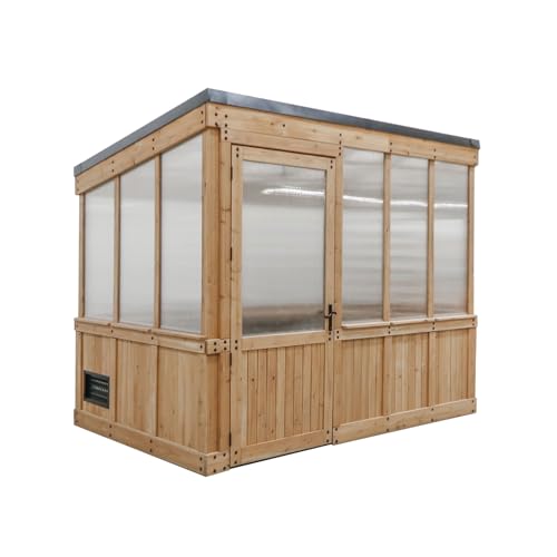 Backyard Discovery Willow 9' x 6' Cedar Wood and Polycarbonate Walk-in Greenhouse Kit with Exhaust Fan, Windows, Hose Hook-Ups, PowerPort, Staging Shelves for Year-Round Outdoor Gardening