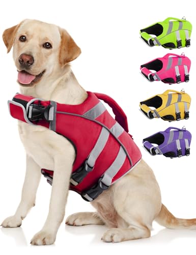 Kuoser Dog Life Jacket with Reflective Stripes - Adjustable High Visibility Vest, Ripstop Lifesaver, Pet Preserver with High Flotation Swimsuit for Small, Medium and Large Dogs