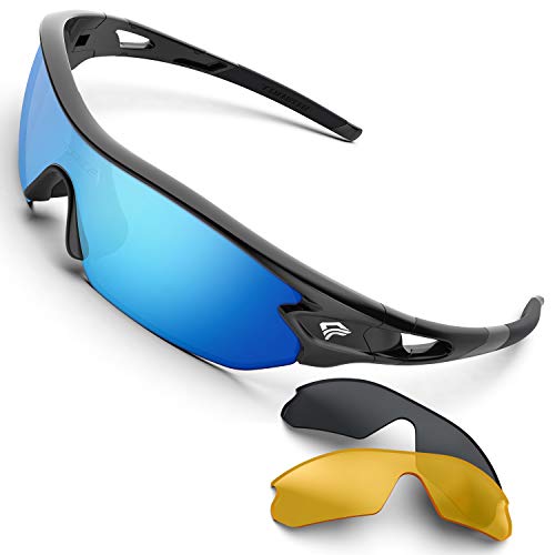 TOREGE Polarized Sports Sunglasses for Men Women Cycling Running Driving Fishing Golf Baseball Glasses TR002 Upgrade (Black&Ice blue lens)