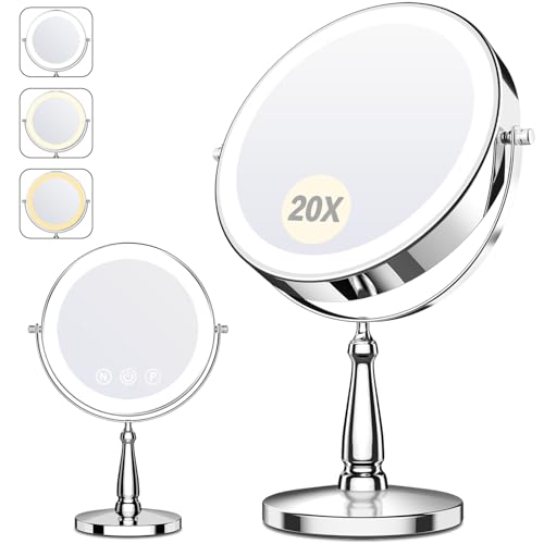 Makeup Mirror with Lights, 20X Magnifying Mirror with Light for Women, 5000 mAh Vanity Mirror with Lights and 3 Colors, 2-Sided Lighted Magnified Mirrors for Delicate Makeup, 9 Inch