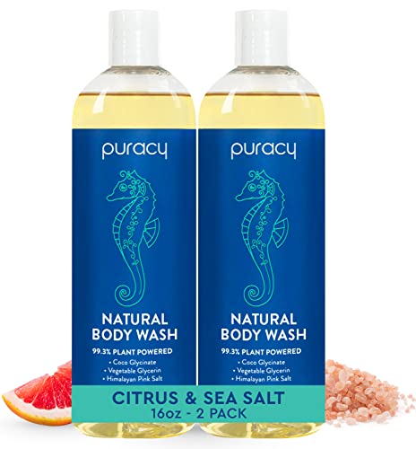 Puracy Body Wash, Natural Body Wash, 98.6% Pure Plant Ingredients, Moisturizing Shower Gel for Women Men Kids, Body Soap for Dry Sensitive Skin. Gently Scented with Citrus & Sea Salt, 16 Oz (2-Pack)