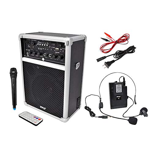 Pyle Pro Outdoor Indoor Portable PA Stereo Sound System with 6.5 inch Speaker, USB SD Card Reader, Rechargeable Battery, Indicator Lights, Wireless Microphone, Remote-PWMA170, Silver/Black (PWMA170)