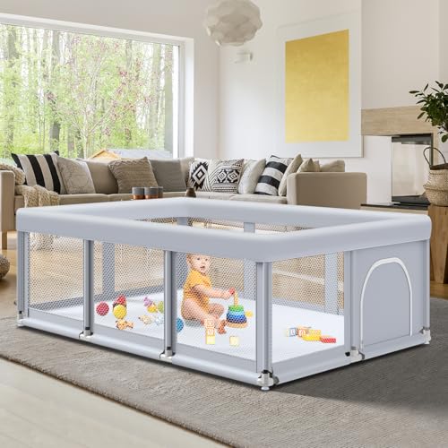 Fshibila 74' ×50' Large Baby Playpen, Baby Playard for Babies and Toddlers, Baby Fence Play Pens for Indoor & Outdoor, Sturdy Safety Play Yard with Soft Breathable Mesh, Anti-Fall, Grey