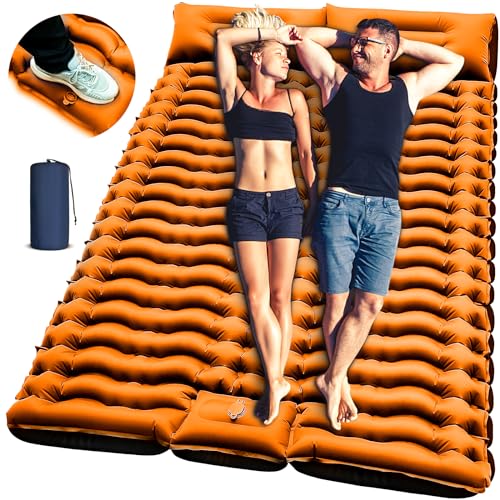 Yuzonc Double Size Camping Sleeping Pad - 4 Inch Self Inflating Air Mattress for Couples, Built-in Foot Pump & Pillow, Extra Thick Waterproof Sleeping Mat for Tent, Outdoor Travel—Orange